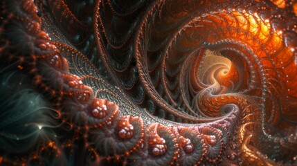 Amazing 3D rendering of a glowing orange and black spiral tunnel