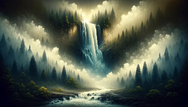 Waterfall in a Foggy Forest - Generative AI