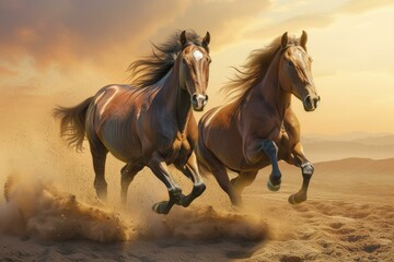 Two horses galloping in the desert