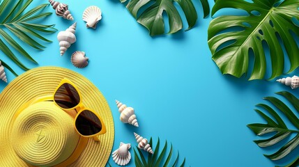 Summer beach vacation concept with palm leaves, seashells and straw hat