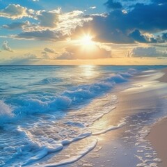 Obraz premium The setting sun casts a golden glow on the beach and the sea