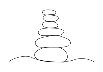 Pebbles in one continuous line drawing. rock balancing. One line drawing of a pile of flat stones Zen rock balancing. Concept of peace.Doodle vector illustration
