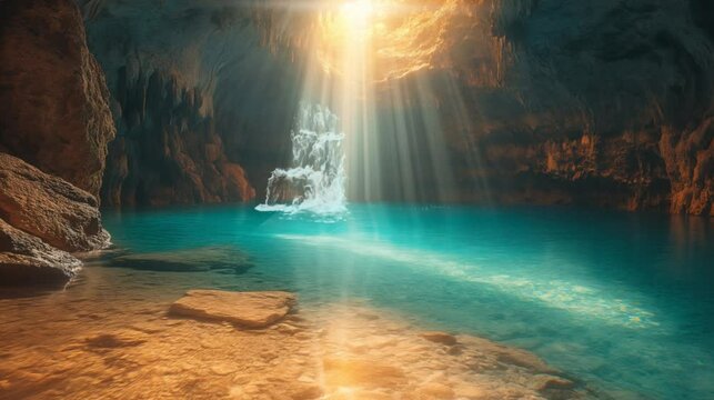 a tropical waterfall in the cave, which creates a lake of green water, looping view