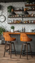 Two vintage bar stools in front of a bar counter with a clock on the wall