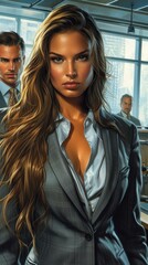 Confident businesswoman with long brown hair wearing a gray suit standing in an office with two men in the background