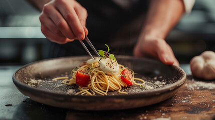 100 grams of spaghetti, intertwined with mozzarella and spices. Illustration of the menu, Italian cuisine. Beautiful presentation. Culinary art. Homemade food. - obrazy, fototapety, plakaty