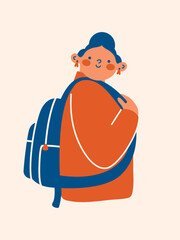 Young woman is standing sideways with backpack on back. Cute cartoon character in flat design. Traveler, adventures, tourism, camping concept. Minimalistic vector illustration with girl.