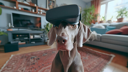 Cinematic photograph of Weimaraner dog wearing a vr headset.