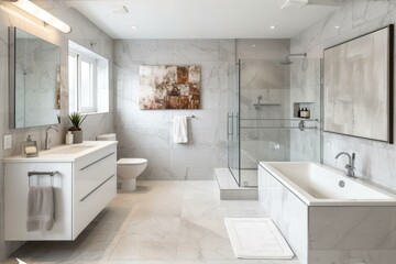 Fototapeta na wymiar Modern bathroom with large marble tiles and a glass shower