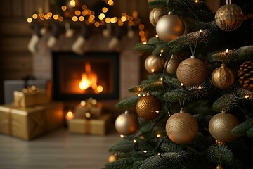 Christmas tree with golden ornaments in a cozy living room