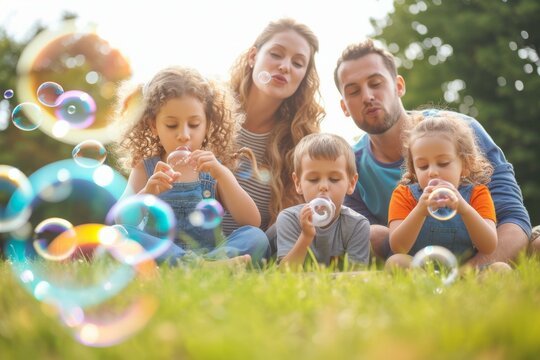 Happy family of five blowing bubbles in the park