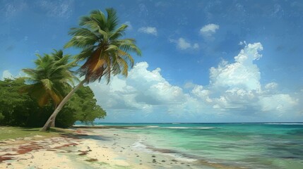 Beach With Coconut Trees And Blue Water