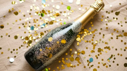 Closeup of a green champagne bottle with silver glitter and golden confetti