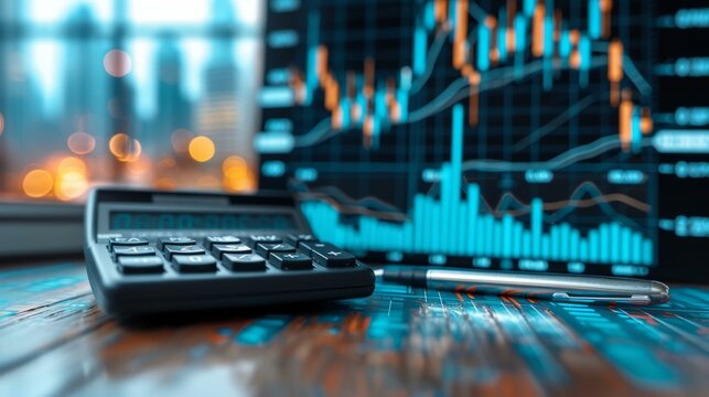 calculator and pen on desk with blurred background of stock market chart