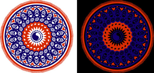 Two different colored oval designs on a black and white  background. Mandalas with colored details in vector
