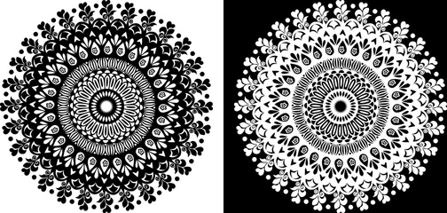 A black and white image of a circular design. Set of black and white mandalas in vector