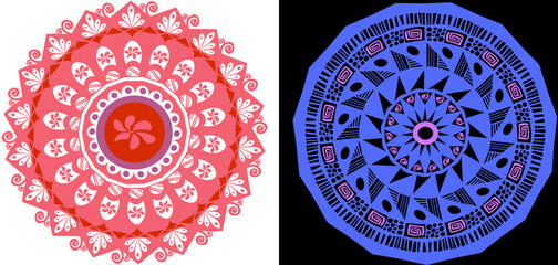 A circular design with a red center and a blue center. A blue and red circular design on a black and white background. Blue and  red mandala in vector  with colored details on black and white backgrou