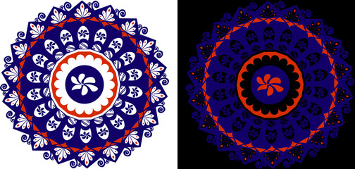 A blue and red circular design on a black and white background. Blue and  red mandala in vector  with colored details on black and white background