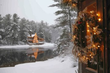 A wreath hangs on a door in front of a snowy lake house