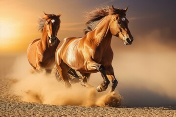 Two horses running in the desert - obrazy, fototapety, plakaty