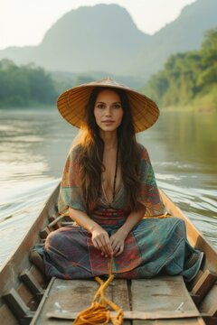 Portrait of a young woman in a boat on a river in Southeast Asia
