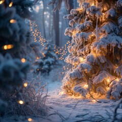 A snow-covered fir tree with lights in a winter forest