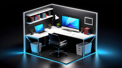 open workspace icon. Workspace with laptop computer screen and office supply on table, Ai generate. isolated on a black background. With black copy space