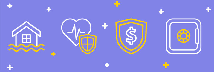 Set line Safe, Shield with dollar, Life insurance shield and House flood icon. Vector
