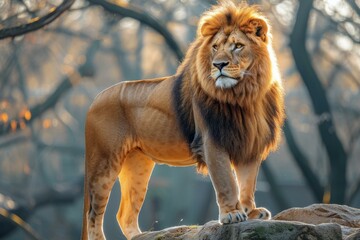Obraz premium A majestic lion stands on a rock in the middle of a forest