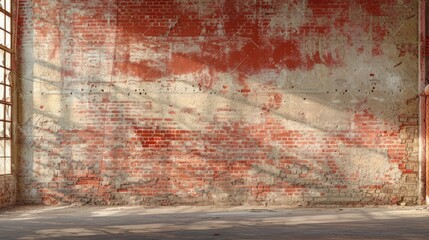 Industrial building interior with brick wall and large window