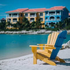 Adirondack chair on a beach with colorful houses in the background