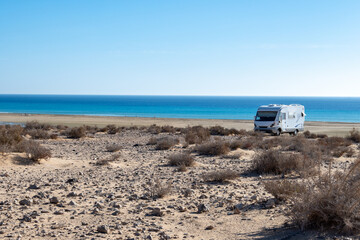 Sandy dunes and turquoise water of Sotavento beach, Costa Calma, Fuerteventura, Canary islands, Spain in winter, camper car vacation