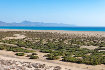 Sandy dunes and turquoise water of Sotavento beach, Costa Calma, Fuerteventura, Canary islands, Spain in winter
