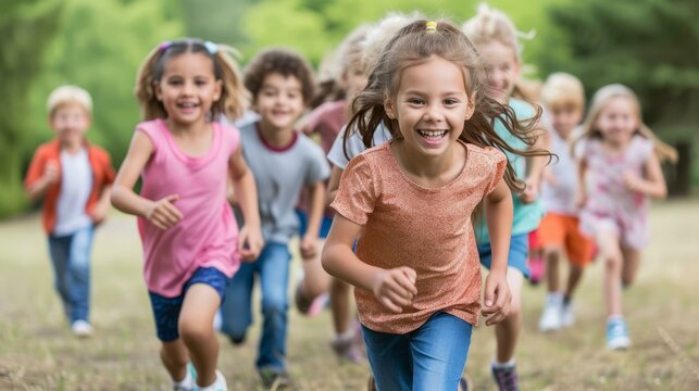 A group of happy children are running on a field