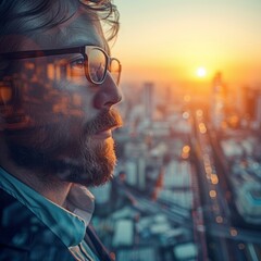 Bearded man in glasses looking out at a city at sunset
