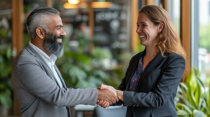 Business handshake between an Indian man and a Caucasian woman