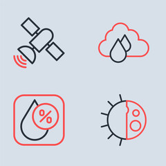 Set line Cloud with rain, Water drop percentage, Day night cycle and Satellite icon. Vector