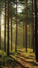 Pine Forest Path with Sunlight