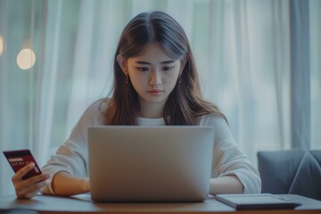 Fototapeta premium Asian woman using credit card and laptop for online shopping