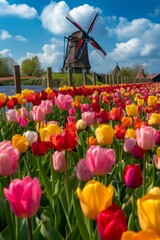 Vibrant Multicolor Tulip Flowers in a Field with a Traditional Dutch Windmill in the Background