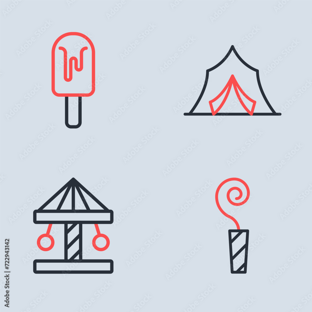 Sticker Set line Circus tent, Attraction carousel, Birthday party horn and Ice cream icon. Vector