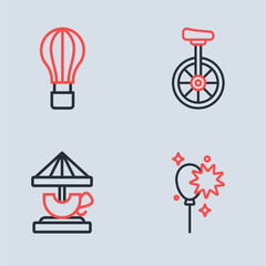 Set line Unicycle, Attraction carousel, Balloons with ribbon and Hot air balloon icon. Vector