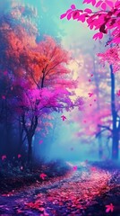 Colorful Autumn Forest Path with Pink Trees and Blue Sky