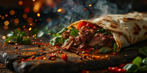 fresh grilled beef turkish or chicken arabic shawarma doner sandwich with flying ingredients and spices hot ready to serve and eat food commercial advertisement menu banner, Generative AI - obrazy, fototapety, plakaty