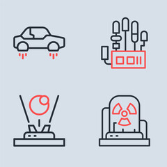 Set line Mechanical robot hand, Hologram, Radioactive warning lamp and Fantastic flying car icon. Vector
