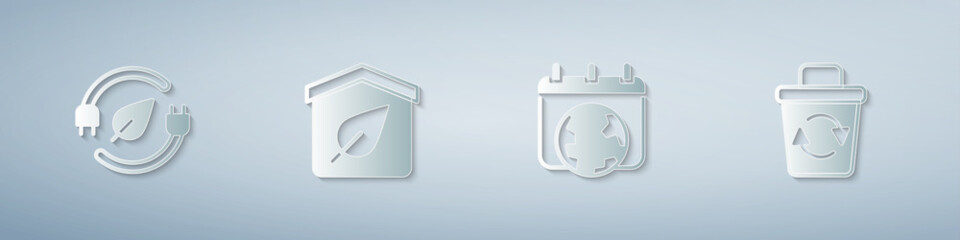 Set Electric saving plug in leaf, Eco friendly house, World Earth day and Recycle bin. Paper art style. Vector