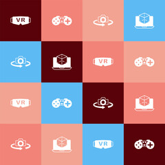 Set pop art Virtual reality glasses, Gamepad, 360 degree view and 3d modeling icon. Vector