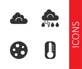 Set Thermometer, Cloud, Moon and and lightning icon. Vector