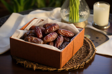 dry fruits set with dates on a wooden platter and box