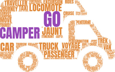 camper van shaped tag cloud illustration